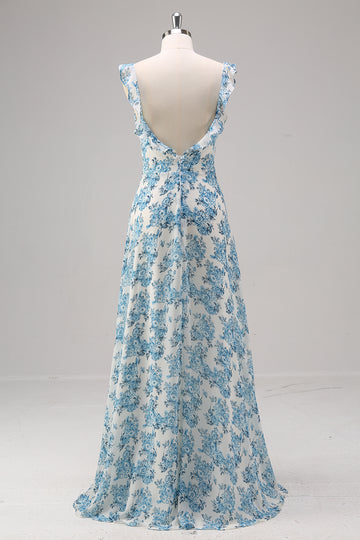 White Blue Flower A Line Square Neck Long Bridesmaid Dress with Slit